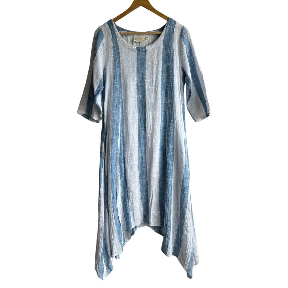 Paper Lace Cotton Striped Asymmetrical Hem dress Blue and White M
